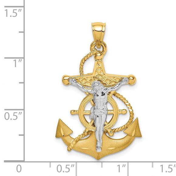 14K Two-Tone Gold 3D Mariner Crucifix Cross Pendant, 21 x 34mm - Picture 4 of 5